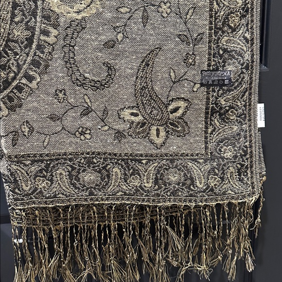 Pashmina Black, Gold, & Olive Paisley Scarf/Wrap. 100% Cashmere - Picture 1 of 9
